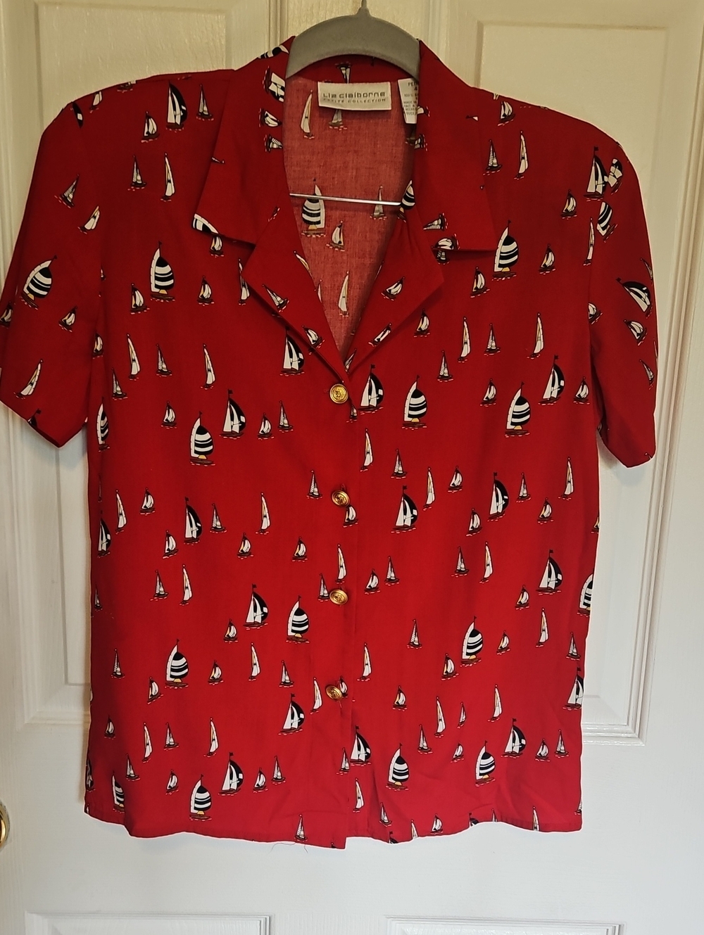 Vintage 90s  Sailboat Campy Kitchy Short Sleeve Button Down Blouse